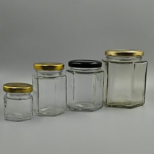 Frascos bollon conserva mod. HEXAGONAL EN 45,100, 180 Y 360ml. con tapa de metal