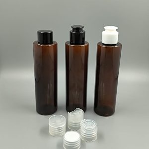 Envases de 100ml en PET Ámbar modelo LONG con diferentes opciones de tapas